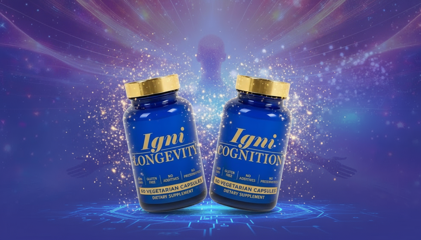 Two blue supplement bottles labeled 'Igni Longevity' and 'Igni Cognition' on a blue and purple gradient background.